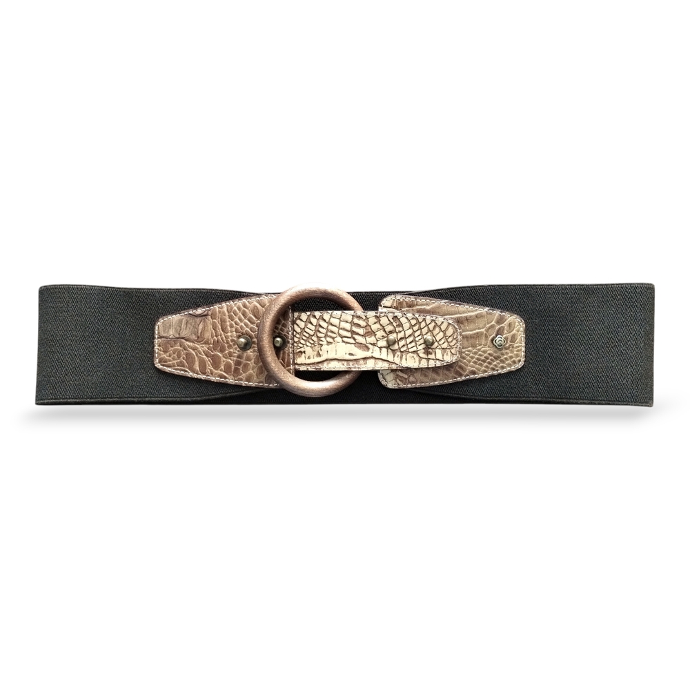 Olsen Europe Wide Stretch Belt Snakeskin Embossed Leather Wood Ring US 10 - Picture 2 of 6